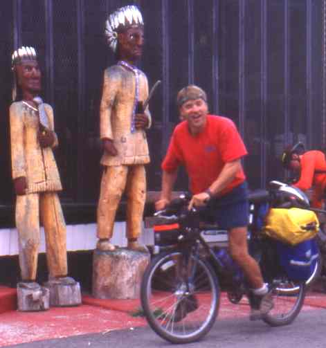 Brady admiring wooden Indians outside Coalmont general store.