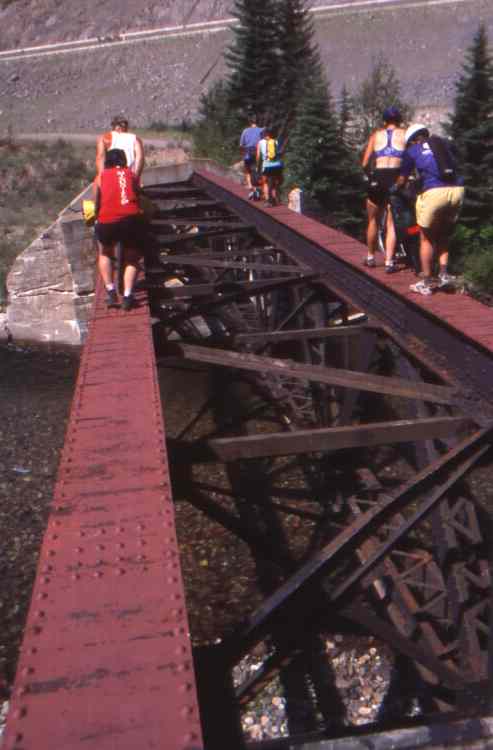Oops, wrong bridge. Let's turn around now. 
This bridge at the start of the Coquihalla line at the Brodie wye 
turned out to be washed out at west end.  We should read our guide book more carefully.
