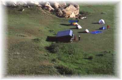 Bird's eye view of camp at Poverty Rock Campsite from canyon rim.